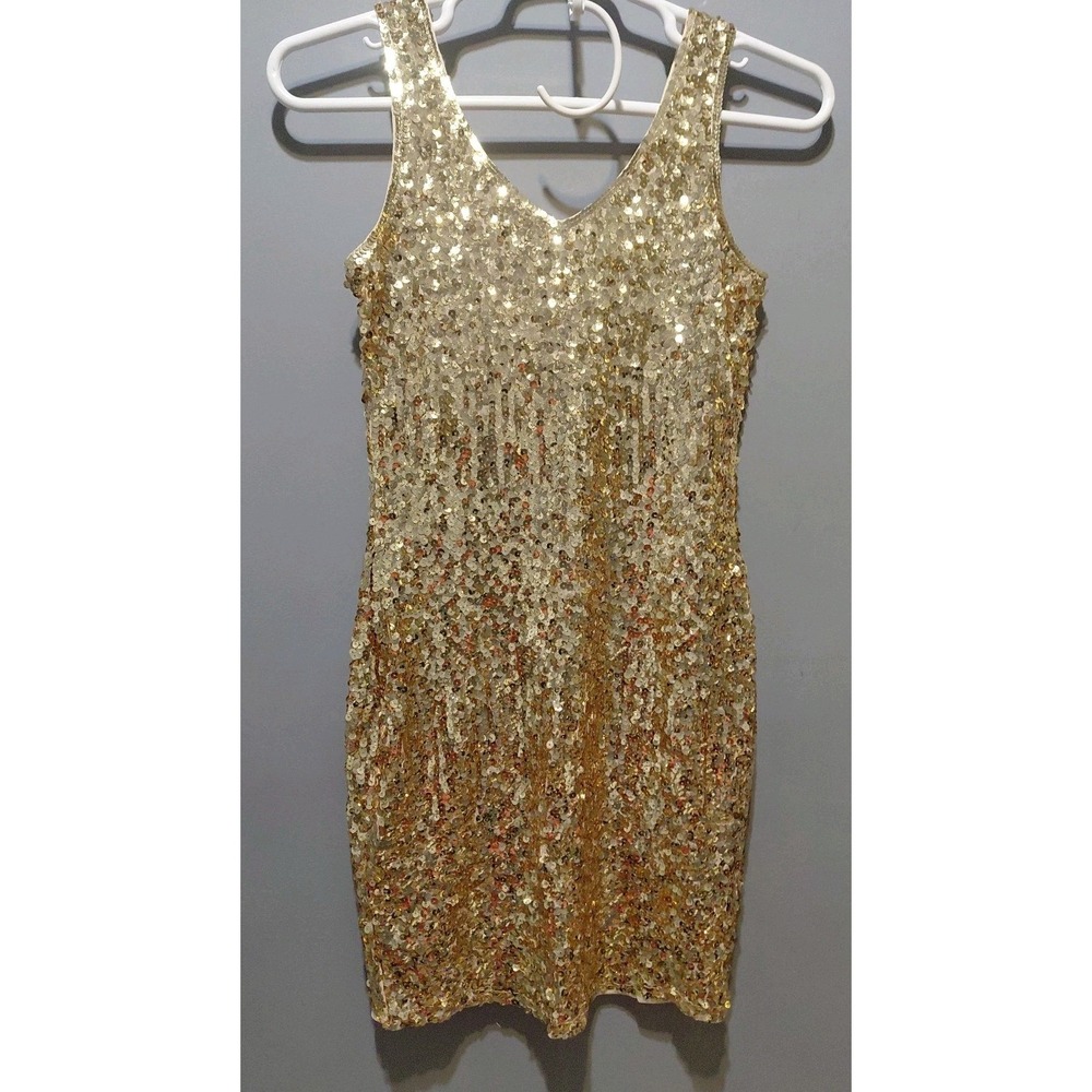 Maner NWT Gold Sequined Mini Dress Womens M Elegant Luxury Shiny Dazzling
